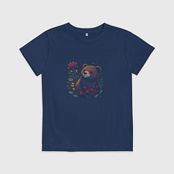 Футболка хлопковая детская Медведь и цветы, цвет: тёмно-синий