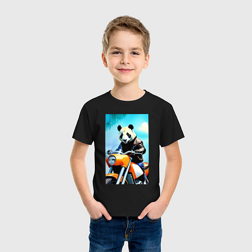 Детская футболка Панда крутой байкер - нейросеть / Черный – фото 3
