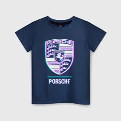 Футболка хлопковая детская Значок Porsche в стиле glitch, цвет: тёмно-синий