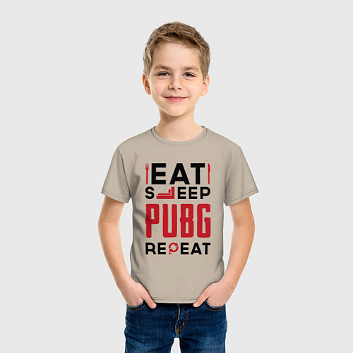 Детская футболка Надпись: eat sleep PUBG repeat / Миндальный – фото 3