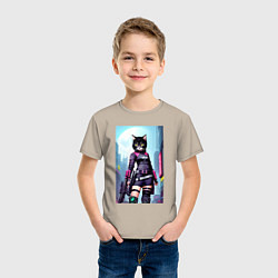 Футболка хлопковая детская Крутая чёрная кошечка - киберпанк, цвет: миндальный — фото 2