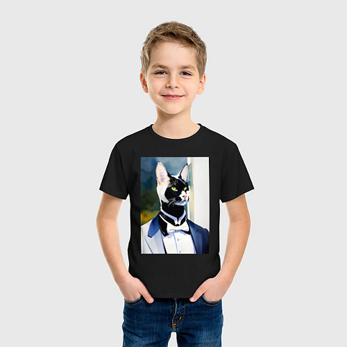 Детская футболка Кот-джентльмен - мем - нейросеть - акварель / Черный – фото 3