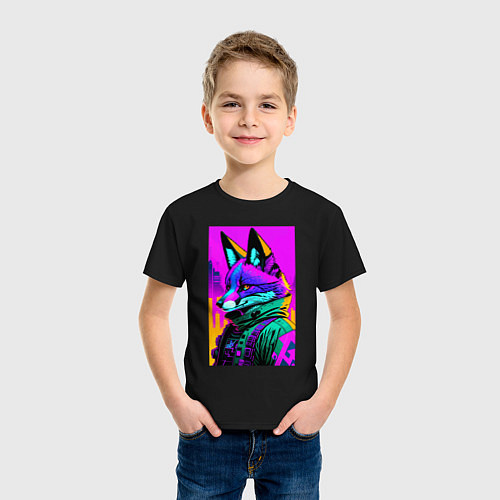 Детская футболка Cool fox - cyberpunk - neural network / Черный – фото 3