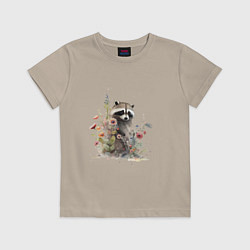 Футболка хлопковая детская Акварельный милый енот, цвет: миндальный