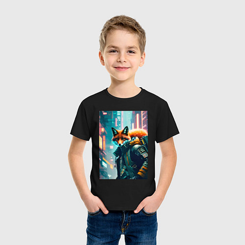 Детская футболка Лисица в большом городе - киберпанк / Черный – фото 3