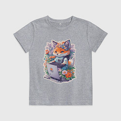 Футболка хлопковая детская Лиса геймер за компьютером, цвет: меланж