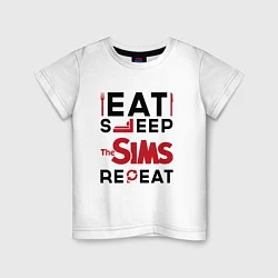 Футболка хлопковая детская Надпись: eat sleep The Sims repeat, цвет: белый