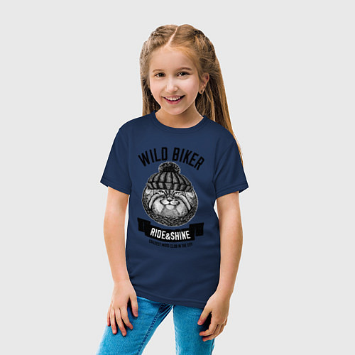 Детская футболка Манул байкер / Тёмно-синий – фото 4