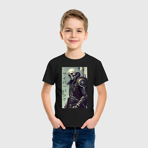Детская футболка Cool skeleton - cyberpunk - hieroglyphs / Черный – фото 3