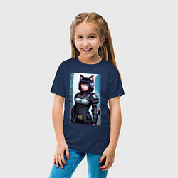 Футболка хлопковая детская Девчонка-кошка - киберпанк - нейросеть, цвет: тёмно-синий — фото 2