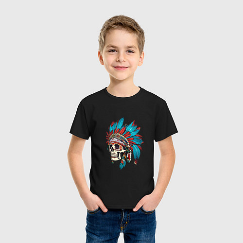 Детская футболка Череп Индейца с перьями / Черный – фото 3