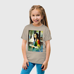Футболка хлопковая детская Мона Лиза в библиотеке - нейросеть - акварель, цвет: миндальный — фото 2