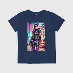 Футболка хлопковая детская Cyberpunk - cat girl - neural network, цвет: тёмно-синий