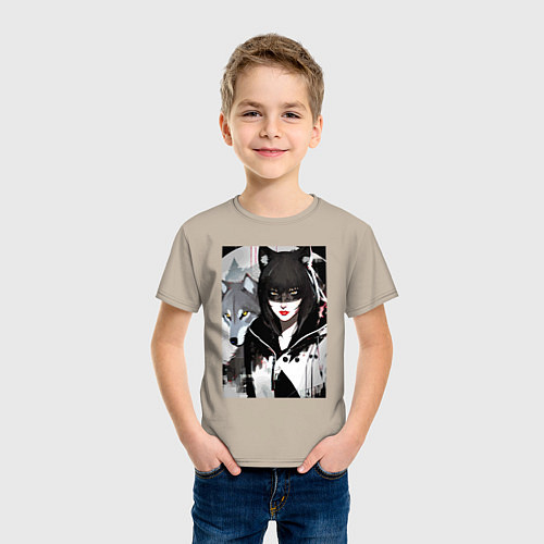 Детская футболка Девушка и волк - нейросеть - фантазия / Миндальный – фото 3