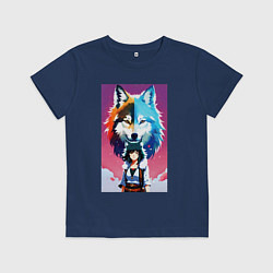 Футболка хлопковая детская Cute girl and wolf - anime - neural network, цвет: тёмно-синий