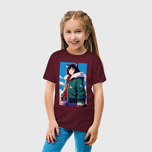 Детская футболка Девочка-волчонок - фурри - аниме / Меланж-бордовый – фото 4