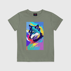 Футболка хлопковая детская Wolf - pop art - neural network, цвет: авокадо