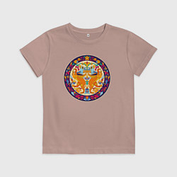 Футболка хлопковая детская Грифоны близнецы в круге в стиле русских северных, цвет: пыльно-розовый