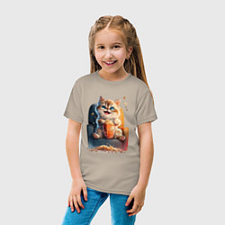 Футболка хлопковая детская Веселый котик с попкорном, цвет: миндальный — фото 2