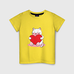Футболка хлопковая детская Милый котик обнимает сердце, цвет: желтый