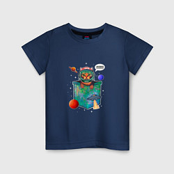 Футболка хлопковая детская Кот космонавт в кармане, цвет: тёмно-синий