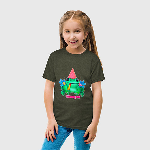 Детская футболка Лягушка в колпаке в цветах / Меланж-хаки – фото 4