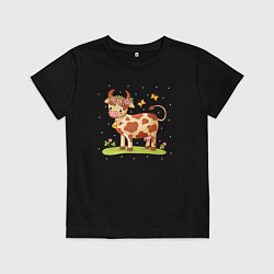 Футболка хлопковая детская Корова на лугу, цвет: черный