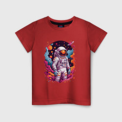 Футболка хлопковая детская Космонавт в открытом космосе среди планет, цвет: красный
