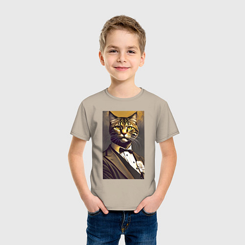 Детская футболка Крутой котяра - джентльмен - нейросеть / Миндальный – фото 3