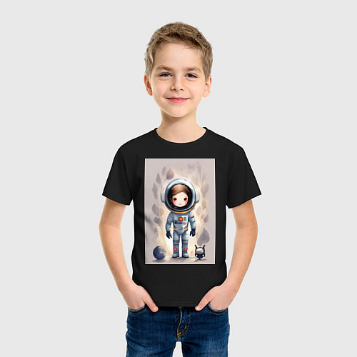Детская футболка Милый маленький космонавт - нейросеть / Черный – фото 3