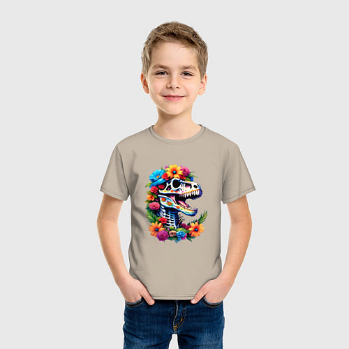 Детская футболка Череп тираннозавра с яркими цветами, мексиканский / Миндальный – фото 3