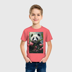 Футболка хлопковая детская Панда в цветах под дождём - нейросеть, цвет: коралловый — фото 2