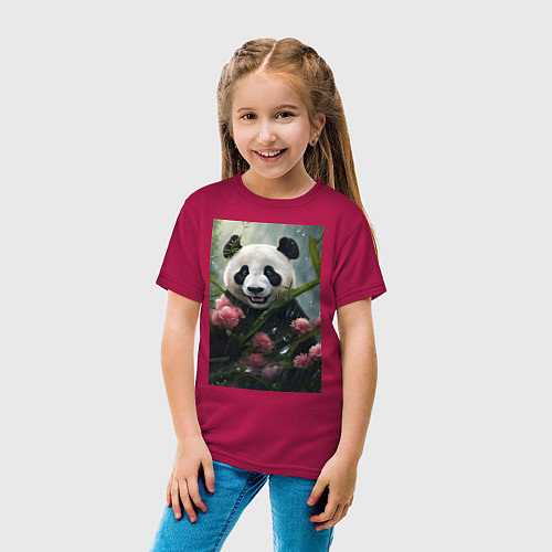 Детская футболка Панда в цветах под дождём - нейросеть / Маджента – фото 4