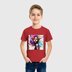 Футболка хлопковая детская Портрет афро девушки с акварельными брызгами, цвет: красный — фото 2