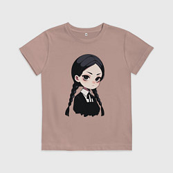 Футболка хлопковая детская Уэнсдей Аддамс в аниме стиле, цвет: пыльно-розовый