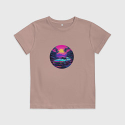 Футболка хлопковая детская Ретро машина и пальмы в неоновых цветах, цвет: пыльно-розовый