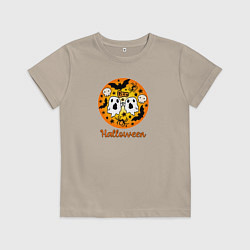 Футболка хлопковая детская Хэллоуин узор персонажи, цвет: миндальный