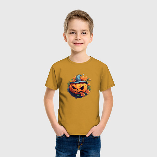 Детская футболка Праздничная тыква в шляпе / Горчичный – фото 3