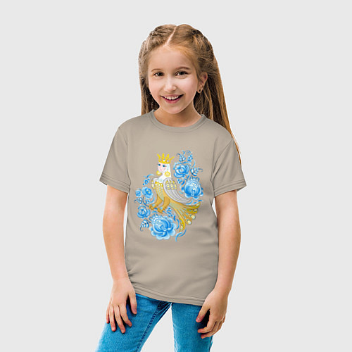 Детская футболка Птица Сирин в цветах по мотивам гжельской росписи / Миндальный – фото 4