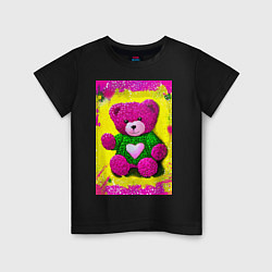 Футболка хлопковая детская Розовый мишка плюшевый, цвет: черный