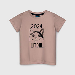 Футболка хлопковая детская 2024 - мемный кот, цвет: пыльно-розовый