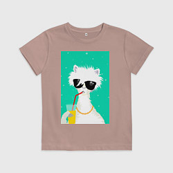 Футболка хлопковая детская Лама-альпака на чиле с бокалом, цвет: пыльно-розовый