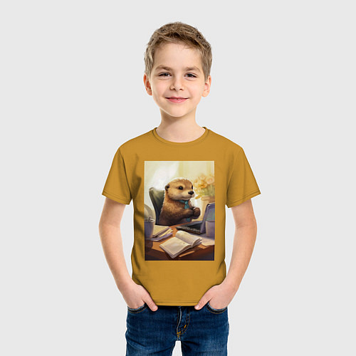 Детская футболка Выдра с комьютером / Горчичный – фото 3