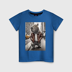 Футболка хлопковая детская Trendy capybara on the streets of New York, цвет: синий