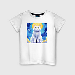 Футболка хлопковая детская Белый кот на фоне неба, цвет: белый