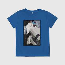 Футболка хлопковая детская Кот в ретро консолях, цвет: синий