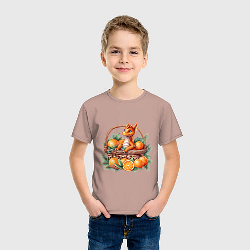 Детская футболка Оранжевый дракон 2024 как мандарин в корзинке / Пыльно-розовый – фото 3
