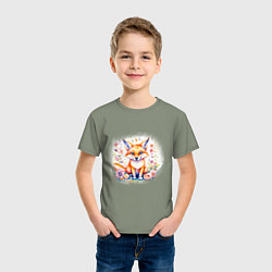 Футболка хлопковая детская Милый большеухий лисенок сидит в цветах, цвет: авокадо — фото 2