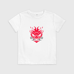 Футболка хлопковая детская Логотип Samurai Cyberpunk 2077 - симметричный, цвет: белый