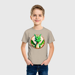 Футболка хлопковая детская Нейросеть - деревянный зелёный дракон, цвет: миндальный — фото 2